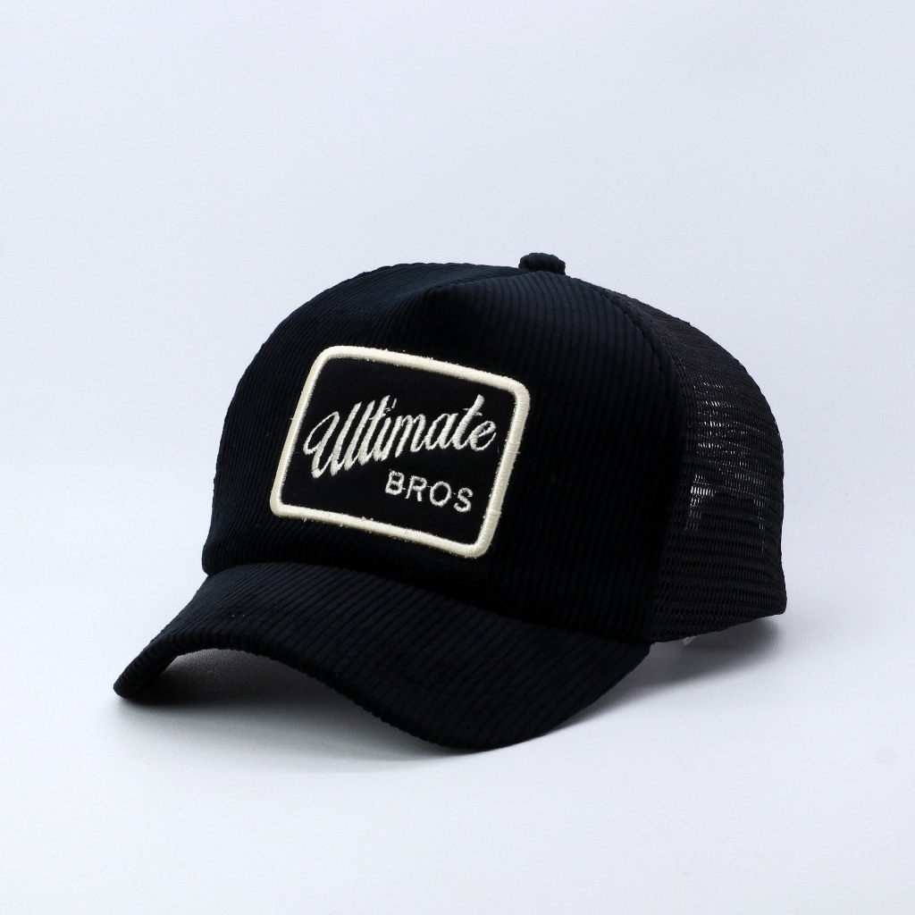TOPI JARING TRUCKER HAT LIDAH PENDEK BAHAN CORDUROY HITAM VISOR PENDEK ULTIMATE BROSS