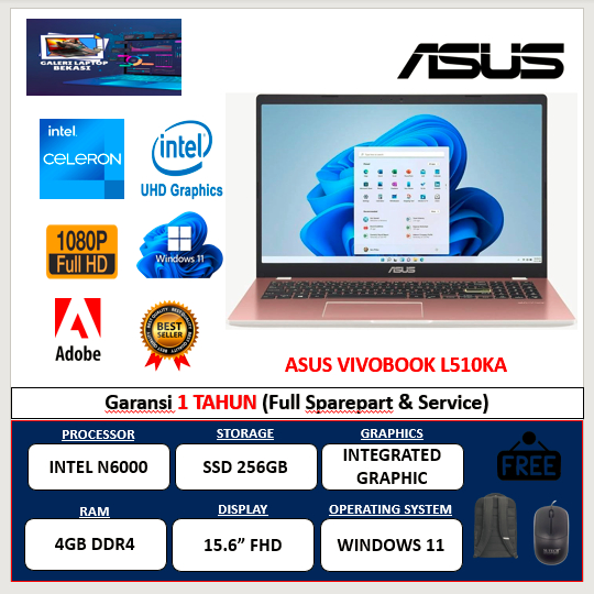 Promo Laptop Murah ASUS L510KA INTEL PENTIUM SILVER N6000 4GB 256GB 15.6 FHD WIN11HOME ROSE PINK
