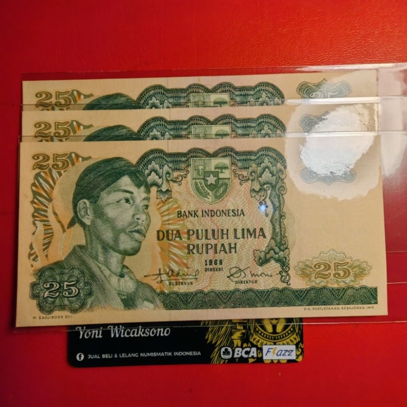 25 rupiah sudirman 1968 XF kertas masih kaku ada lipat samar