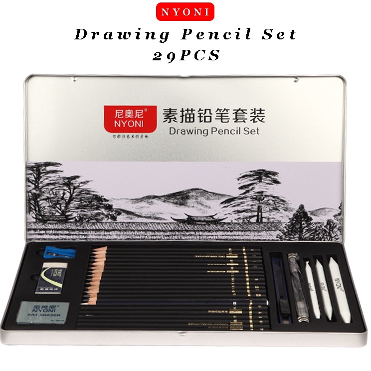 

Promo Ngetrend Nyoni Drawing Pencil Gambar Set 29PCS Drawing Sketch Pencil Set Tin Box Pensil Gambar