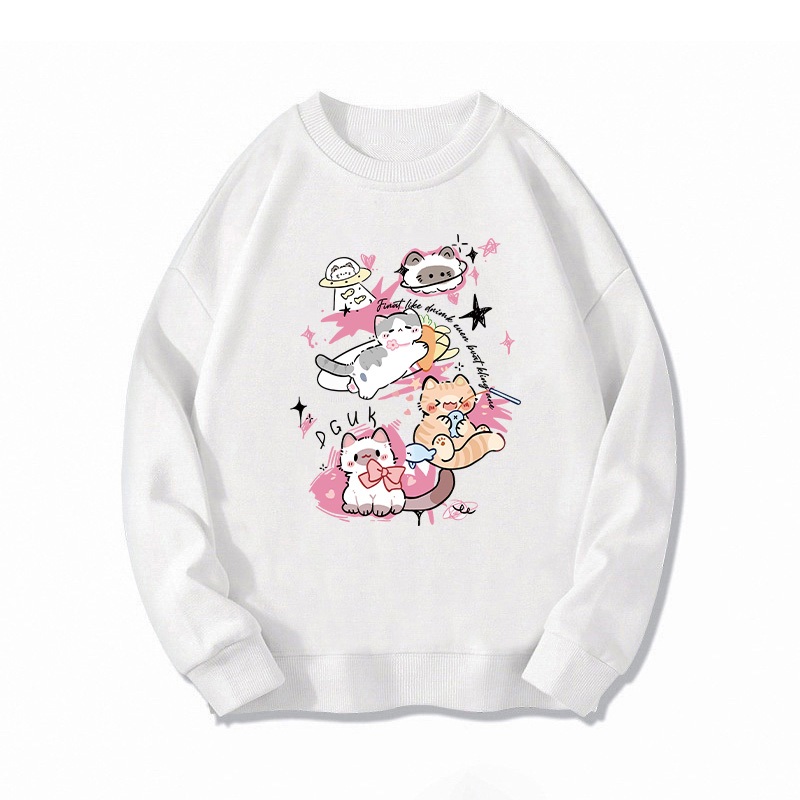 IHKKE Putih Sweater Lengan Panjang Oversize Cat Planet Kittens Cute/Sweatshirt Switer Wanita katun m