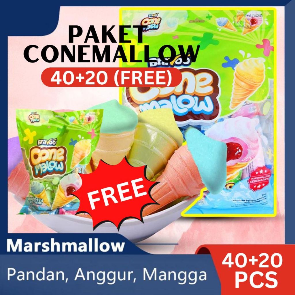 

HARI INI SAJA!!! CONE MALLOW 40 + FREE 20 PCS MARSMALLOW ANEKA SNACK RASA Snacks Makanan Manis Rendah gula