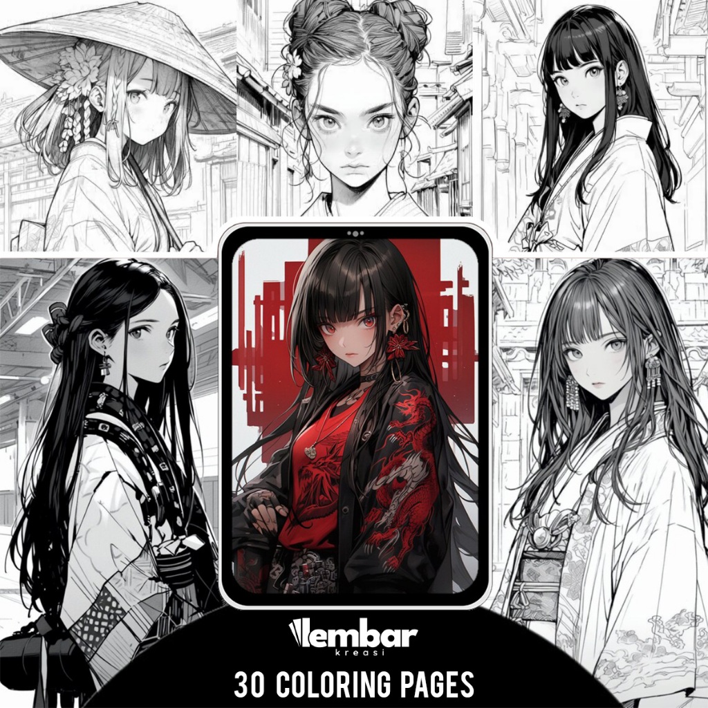 

30 Pages Buku Mewarnai Dewasa - Printable Adult Coloring Book - Digital Download - Anime Girls