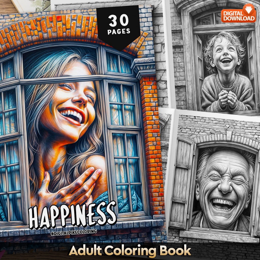 

30 Pages Buku Mewarnai Dewasa - Digital Download - Printable Adult Coloring Book - Happiness