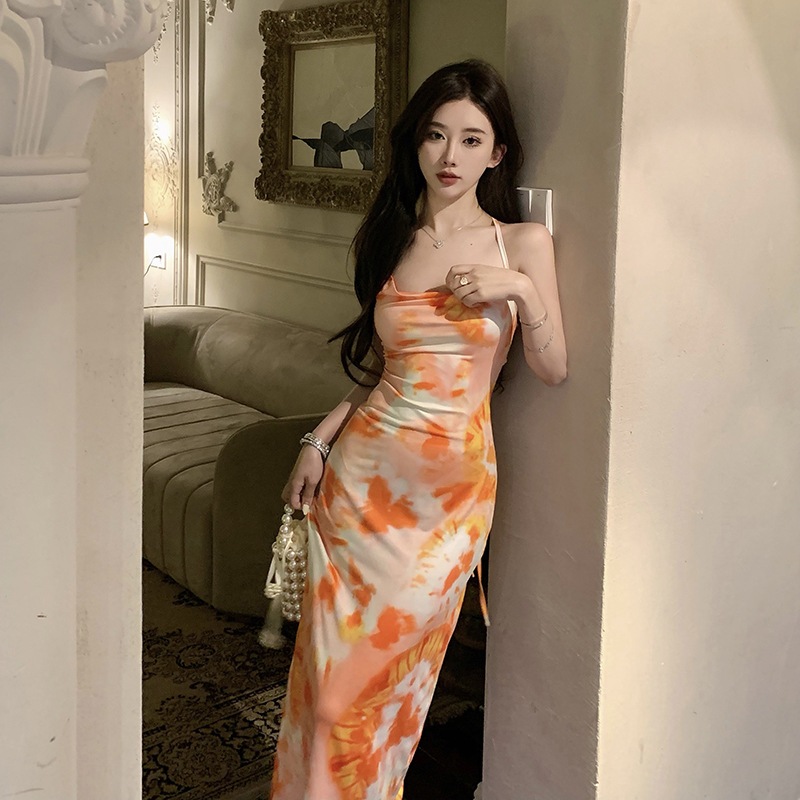 Meirong baju orange dress pantai panjang wanita korea floral dress merah maroon terbaru 2025 import