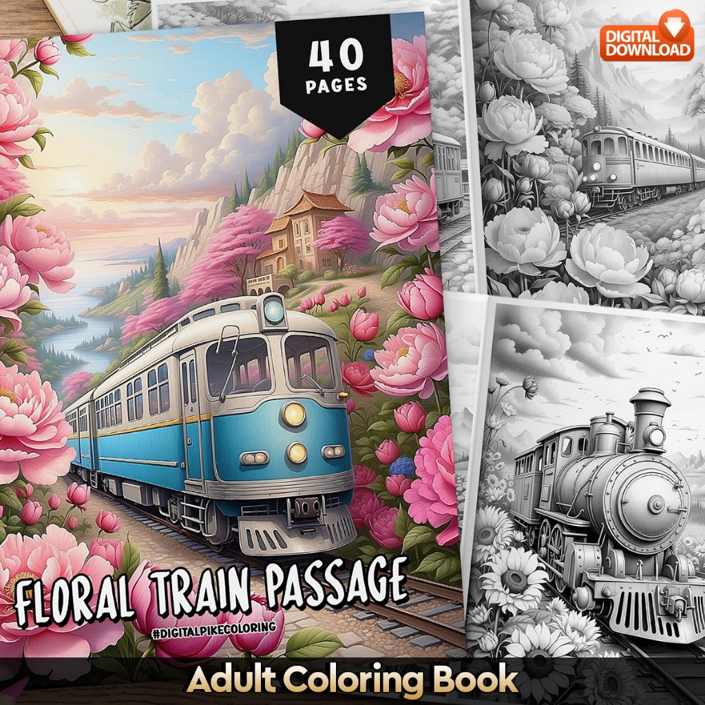 

40 Pages Buku Mewarnai Dewasa - Digital Download - Printable Adult Coloring Book - Gambar Kereta