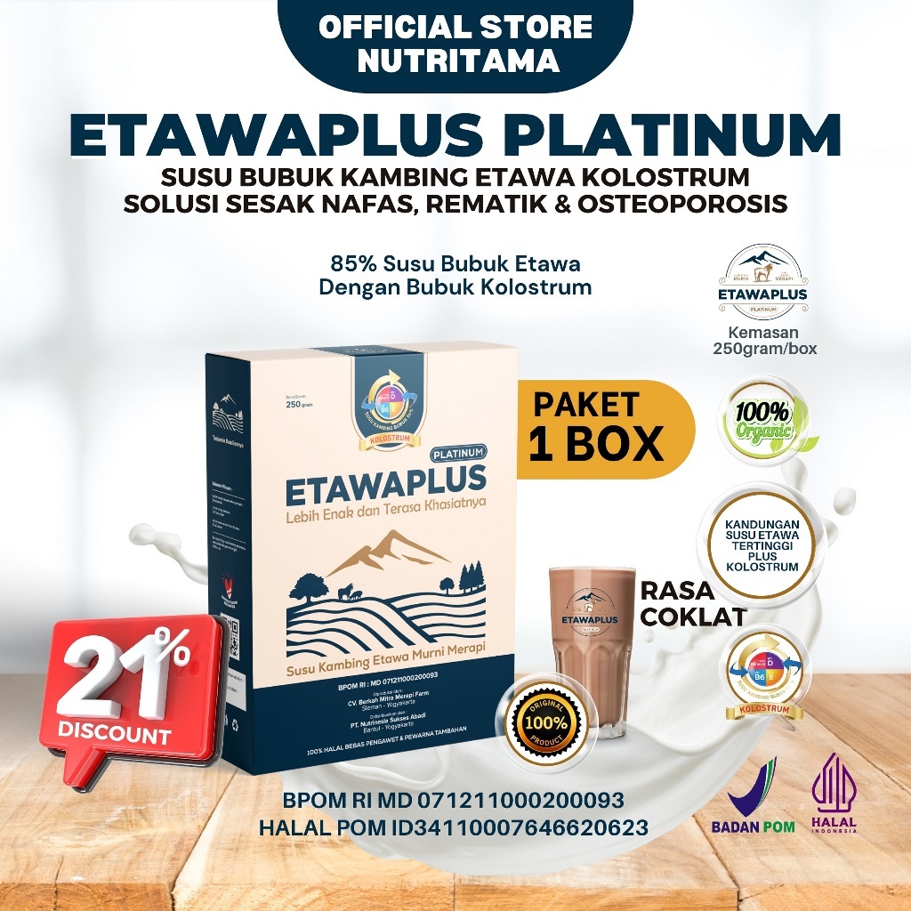 

Etawaplus Platinum Susu Kambing Etawa Paket 1 Box Kemasan 250gr Rasa Coklat