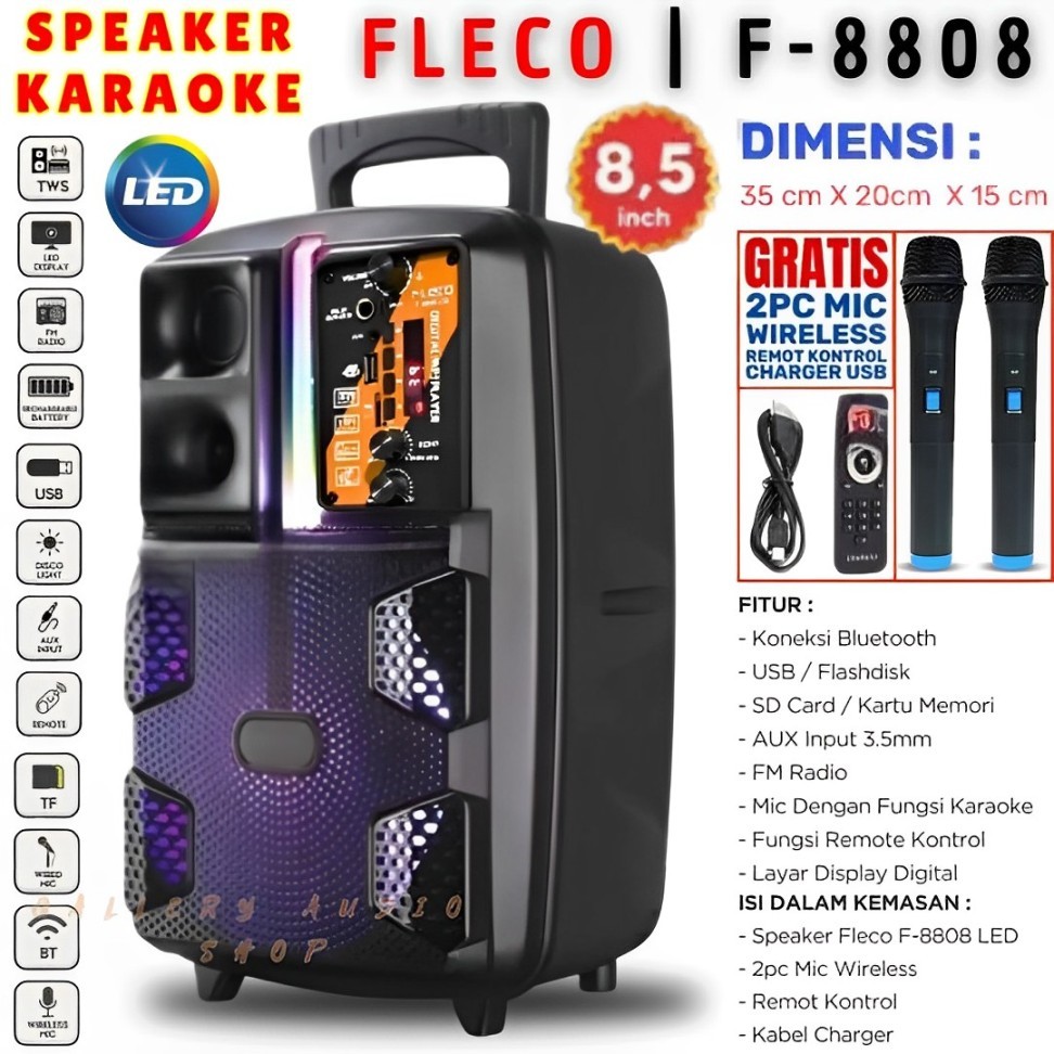 SPEAKER BLUETOOTH KARAOKE FLECO F-8808 LED 8'5 Inch Gratis 2Pcs Mic Wireless + Remote + Charger USB 