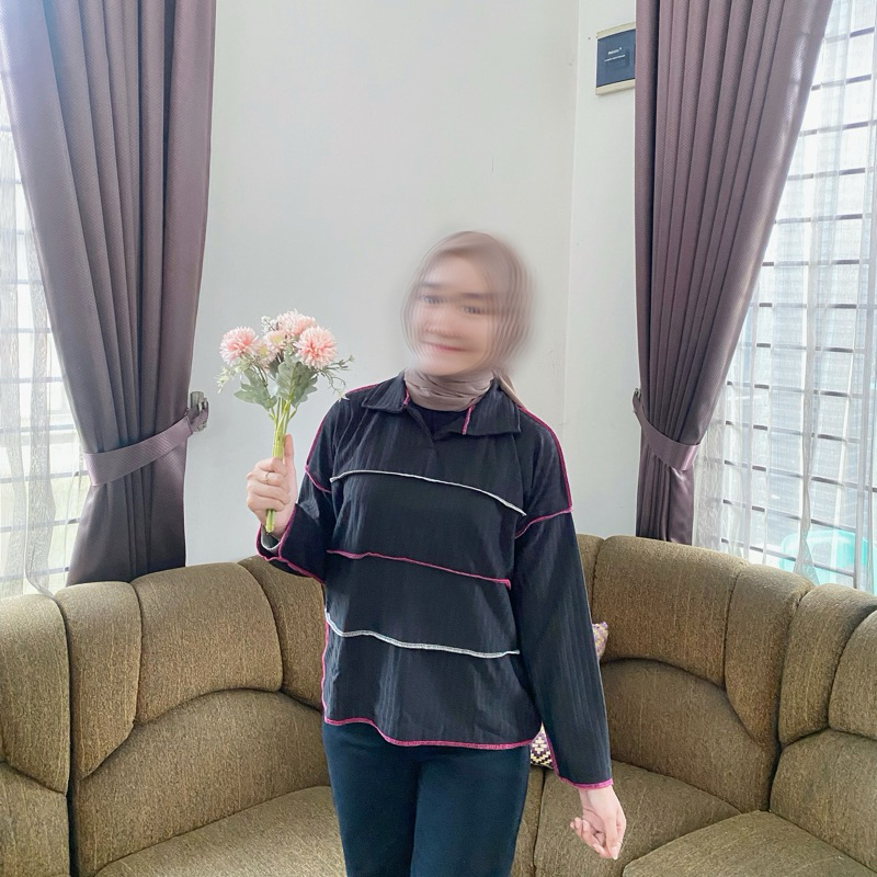 Atasan Wanita Knit - (Hitam) Baju Rajut Tops Atasan Knit Wanita Blouse Knit Lengan Panjang Warna Hit