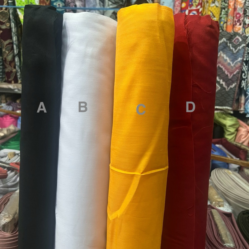 Kain kuning / putih / hitam / merah. Tetoron TC lebar 115 cm Harga 1/2 Meter