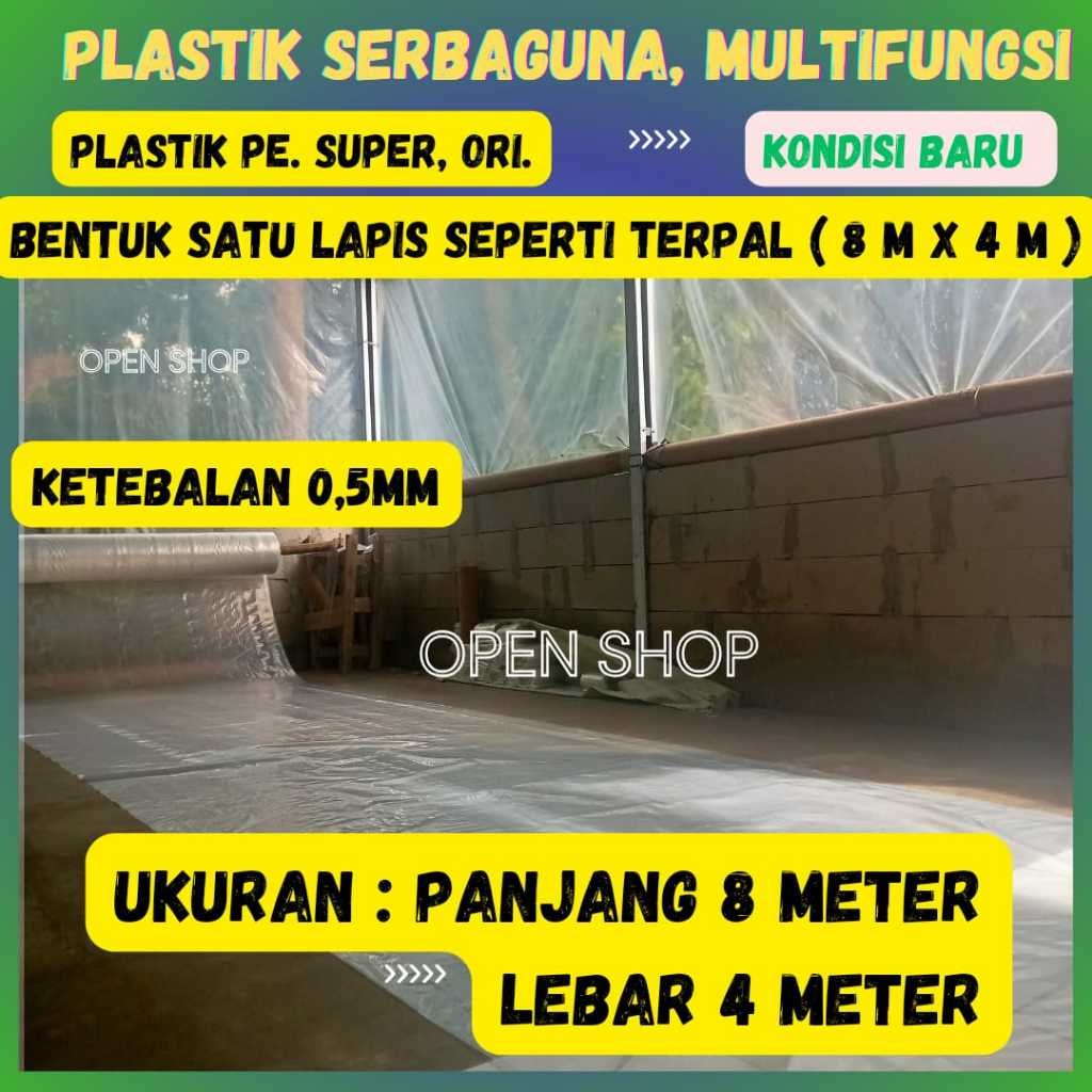 8x4M. Plastik Serbaguna. Penutup Pelindung Pembungkus furniture, Atap Green House Peternak Bangunan