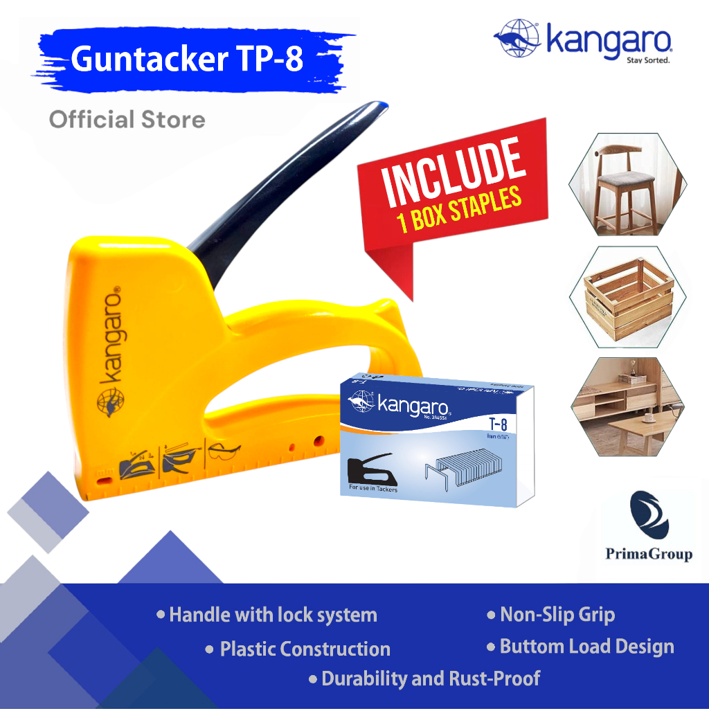 

( 1 PAKET GUNTACKER + ISI ) Alat Staples Tembak / Stapler Guntacker / Hekter Tembak / Isi Staples T8 / Stapler Jok Kulit Motor TP8 / Stapler Kayu / Guntacker TP-8 Kangaro