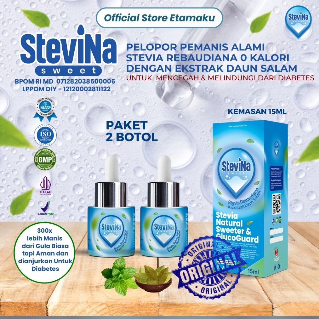 

Stevina Sweet Pemanis Alami 0 Kalori plus Herbal Daun salam Pengganti Gula membantu kadar gula tetap stabil Kemasan 2 botol 15ml/botol