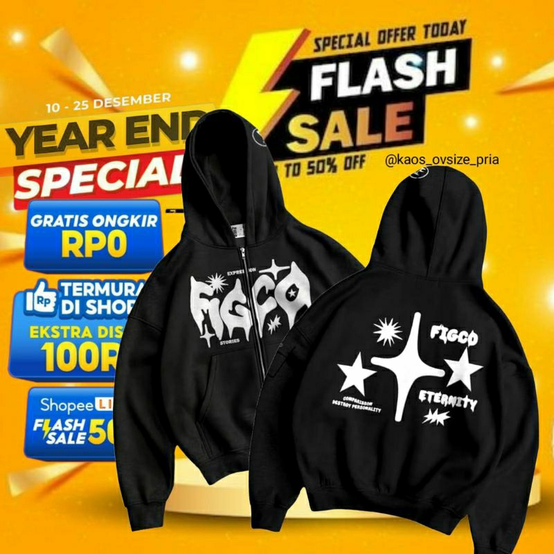 ZIPPER HOODIE BOXY OVERSIZE OFF WHITE BLACK • FIGCO • zip HOODIE OVERSIZE PRIA WANITA
