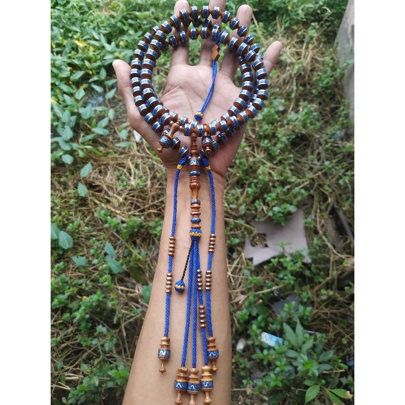 Pre-Order Tasbih Premium HQ Kokka/Kaukah Isi 99 Handmade 10x10 mm – Prada Biru & Timah dengan Tali R