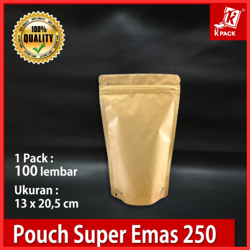 

(100 pcs) Kemasan Standing Pouch 13x20 Full Aluminium Foil Gold Emas Doff Matte Ziplock Klip 250g KPACK