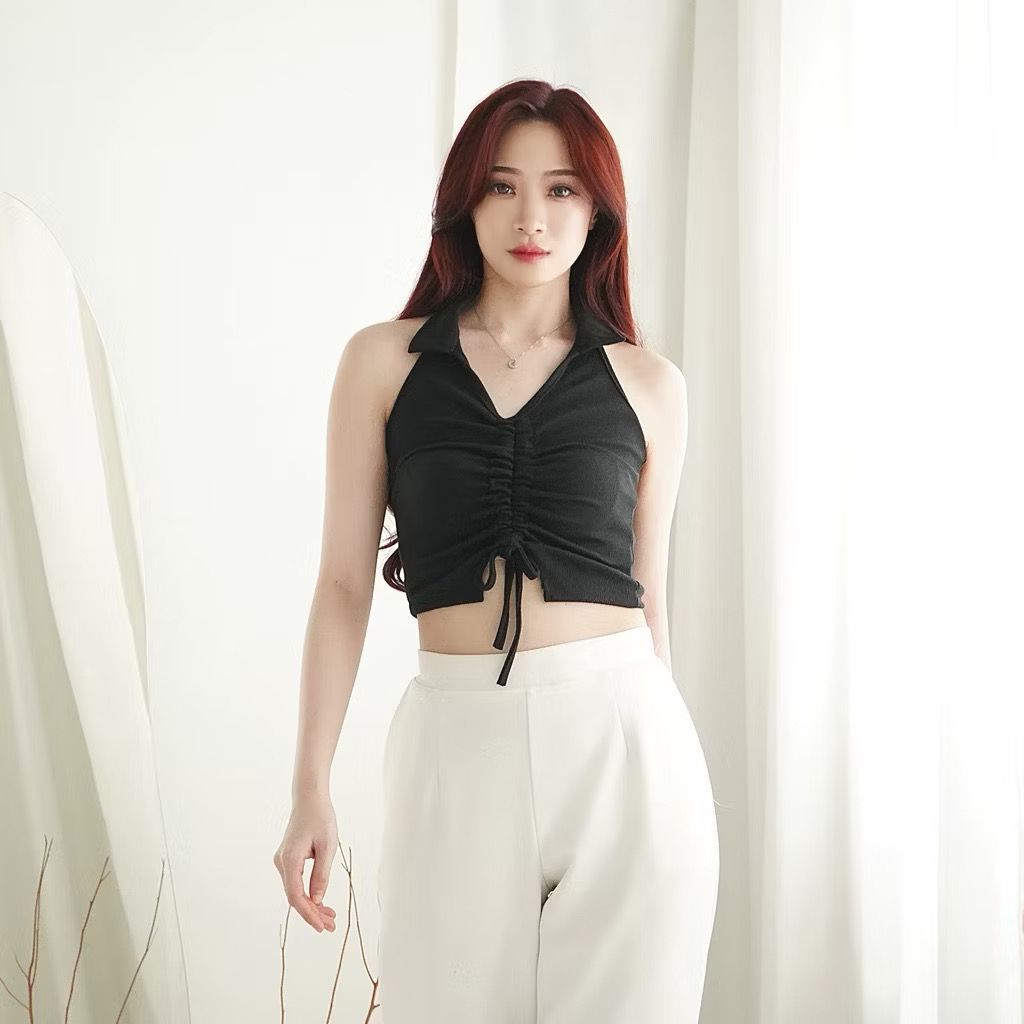 Ami Collection - Tanktop Wanita Crop Dada Serut / Tanktop Polos Hitam - Putih