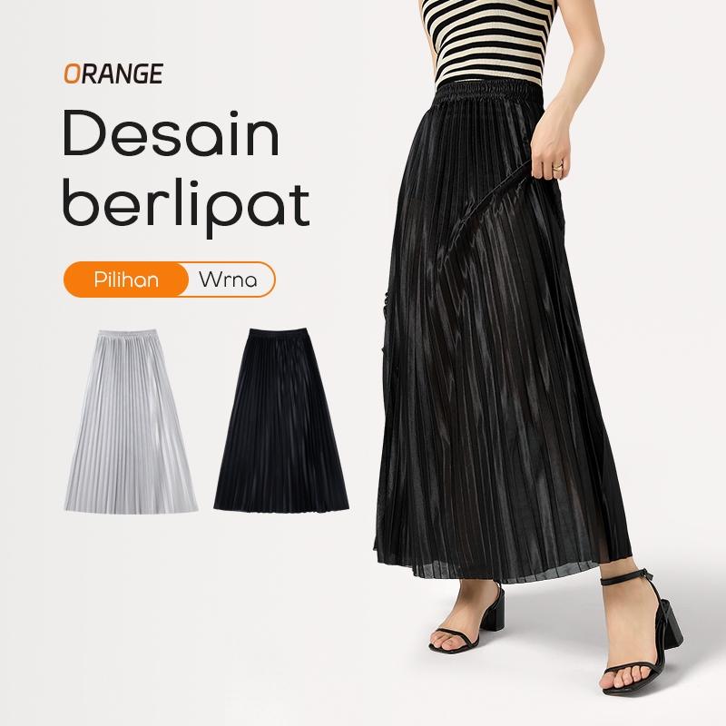 ORANGE Rok panjang lipit pinggang tinggi wanita Rok