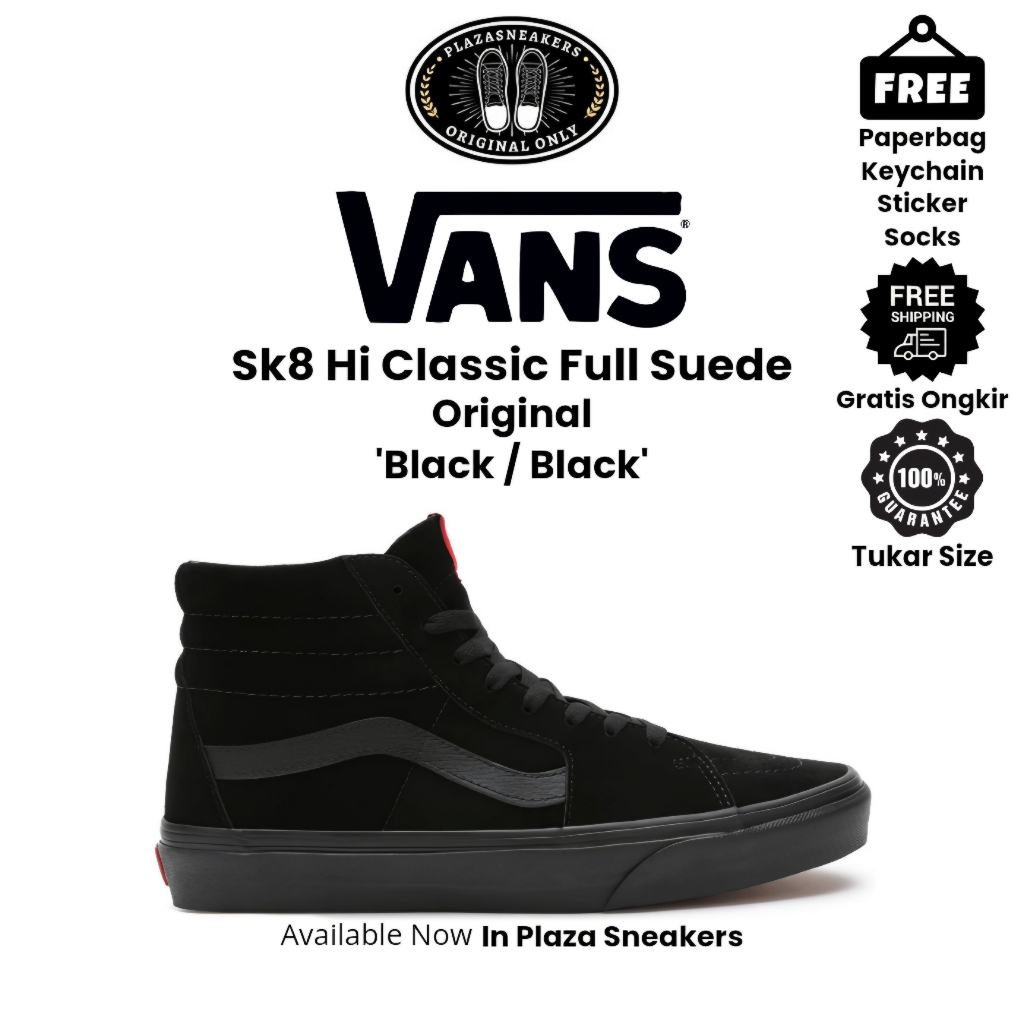 Sepatu Vans Sk8 Hi Classic Black Black Full Suede Pria Wanita Sneakers Original