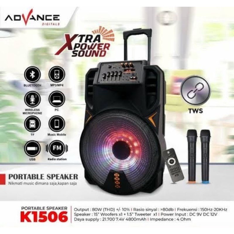 SPEAKER ADVANCE K1506+BONUS 2 MIC WIRELESS/SPEAKER PORTABLE BLUETOOTH SUARA BASS BESAR