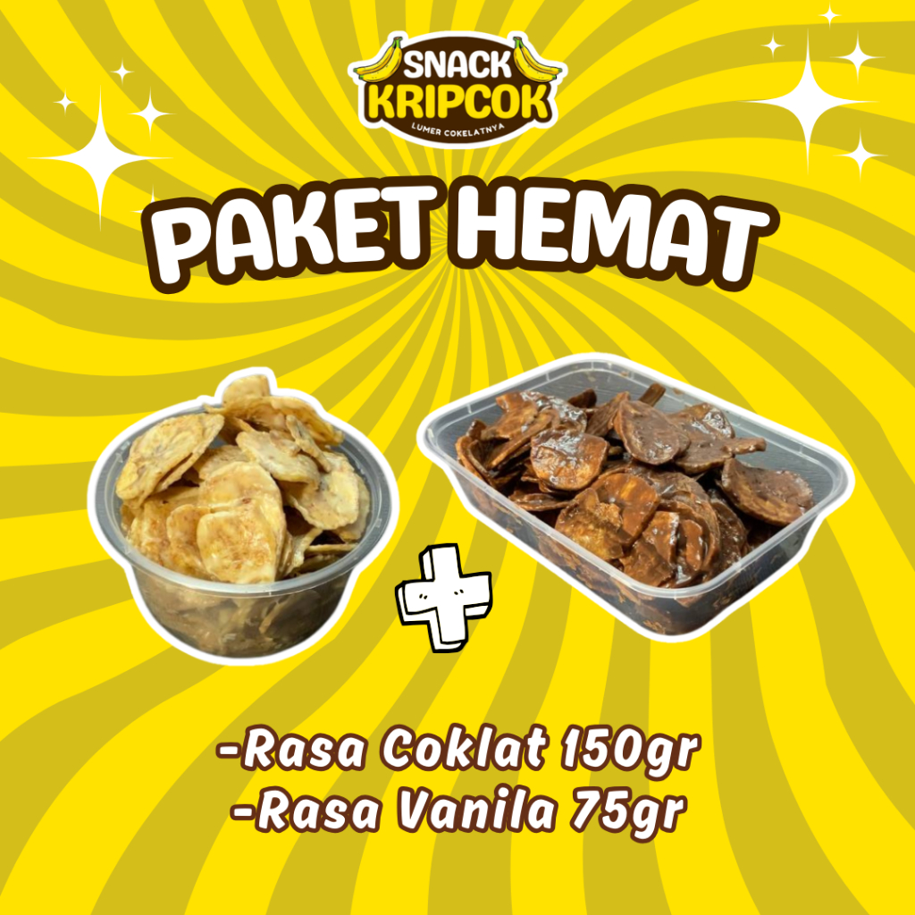 

Paket Hemat Keripik Pisang Rasa Coklat 150g dan Rasa Vanila 75gr - Cemilan Viral 2 Varian Rasa