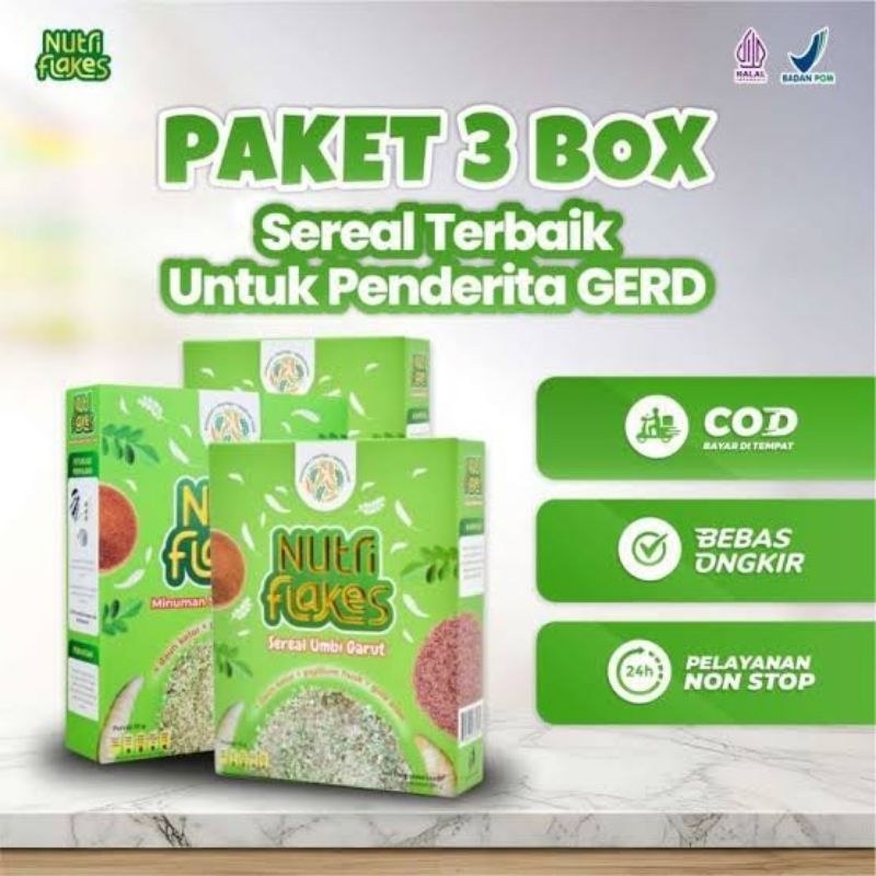 

NUTRIFLAKES PAKET 3 BOX ORIGINAL- MINUMAN SEREAL UMBI GARUT ASAM LAMBUNG MAGH MINGGAT