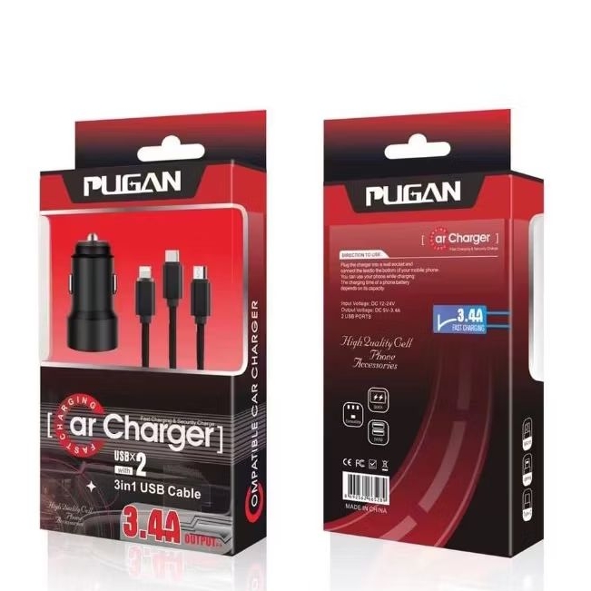 PUGAN CAR CHARGER CASAN HP MOBIL 3-1 USB KABEL FASH CHARGING 3.4A