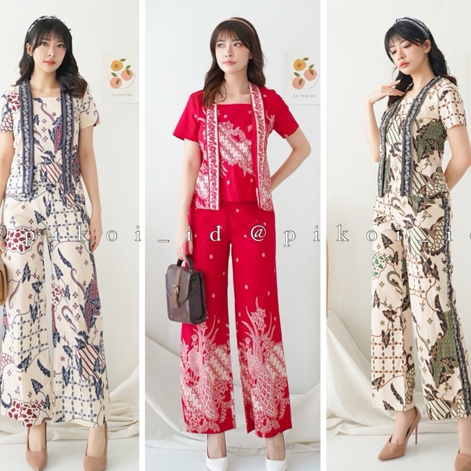 HJ6 Set batik wanita modern lengan pendek  setelan atasan celana panjang wanita merah cream  baju ke