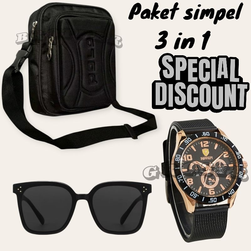 Promo Paket Simpel Pria 3in1 Beli Jam Tangan Pria/Jam Tangan Pria Keren Gratis Tas Selempang Dan Kac