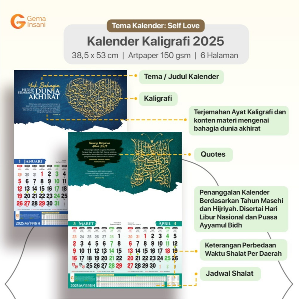 

Kalender Kaligrafi 2025 Kalender Dinding Hijriyah dan Masehi Gema Insani Full Color Bisa COD