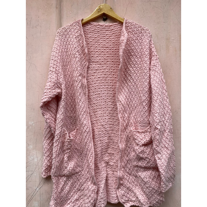 cardigan jaring pink premium / cardigan pink korea / cardigan big size