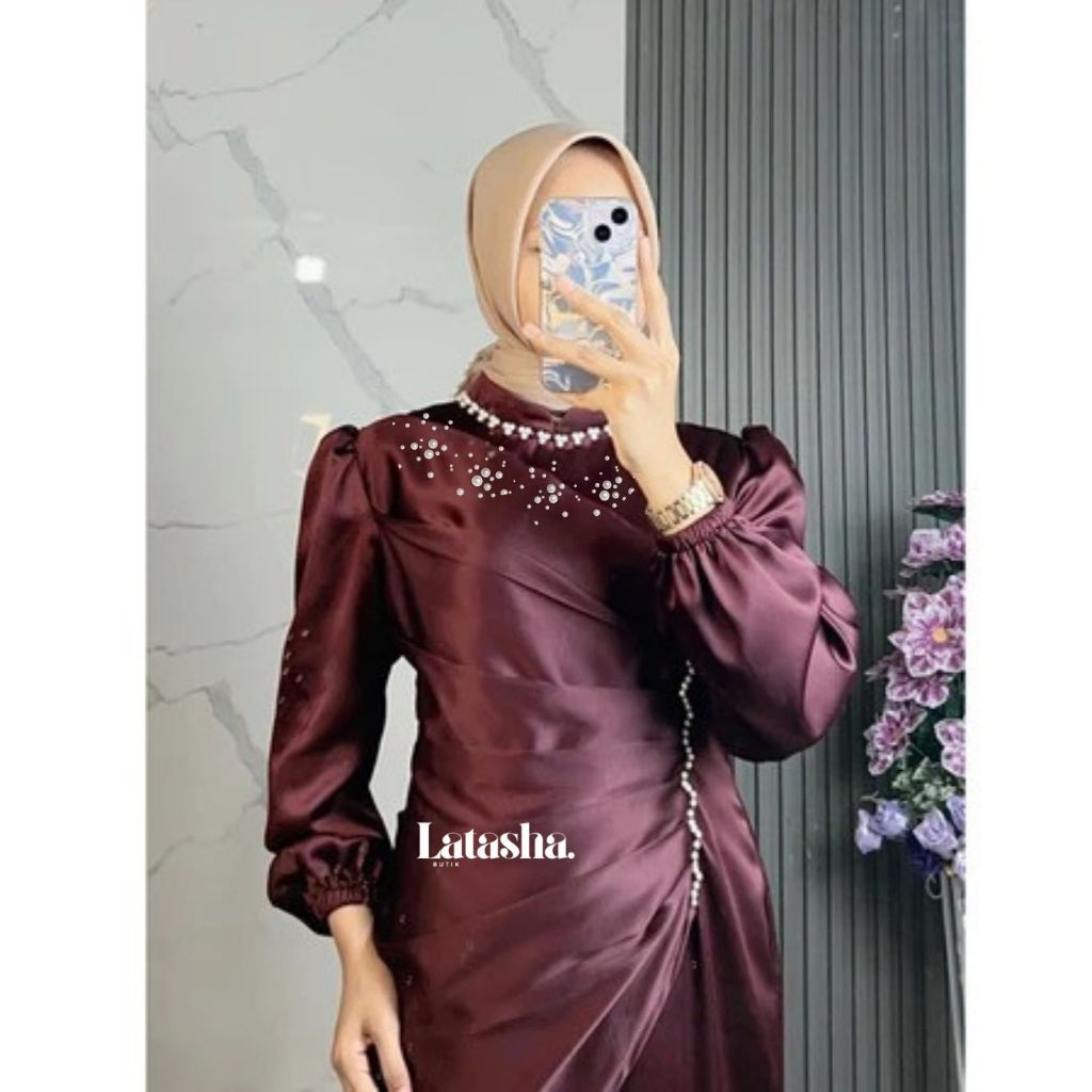 KAMILA - Dress Burgundy Vina Dress Kondangan Viral Vina Dress Burgundy Satin Kondangan Duyung Gradas