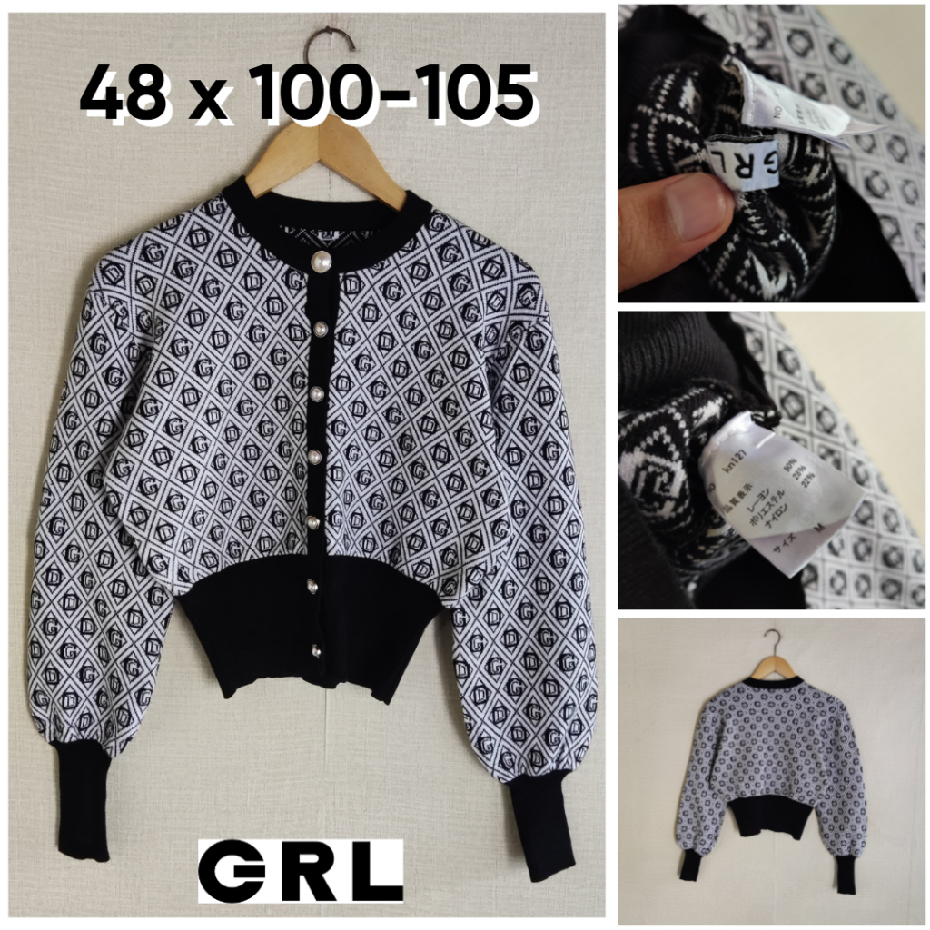 Cardigan Crop GRL Hitam Putih O Neck Size M Wanita Atasan Cewek Lengan Bal0n Wanita Knit Tebal Premi