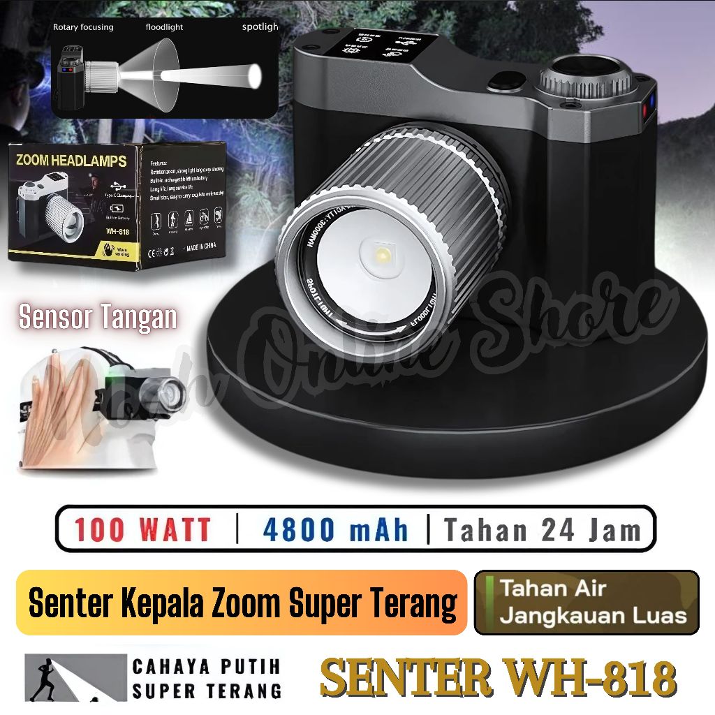 Senter Kepala Zoom 100Watt Senter Kepala Led Super Terang ZoomWH-818 100W | Senter Kepala Anti Air |