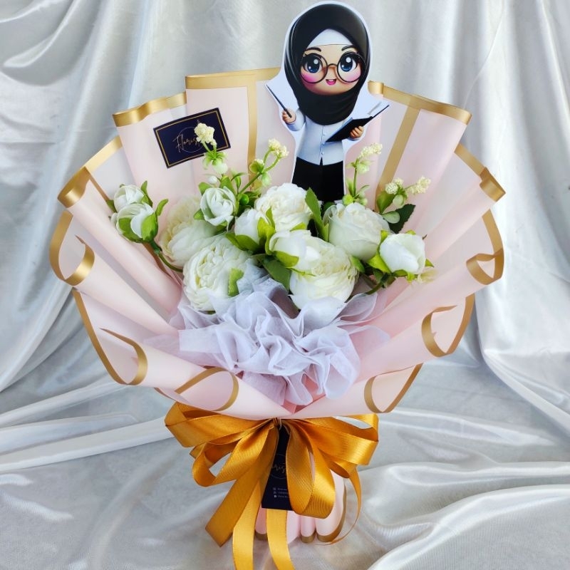 ANINDYA BUKET HARI GURU - BUKET GURU BUNGA PUTIH KERTAS PINK - TOPPER GURU BESAR HIJAB BAJU HITAM PU