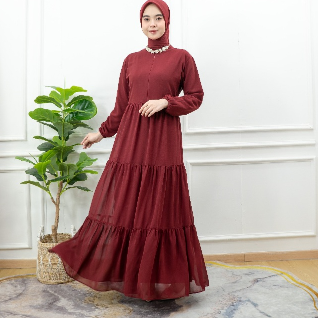 PRILLY BUSANA - Marwah Gamis Malaysia Ceruty Babydoll Tingkat - Dress Polos - Kurung Melayu - Muslim