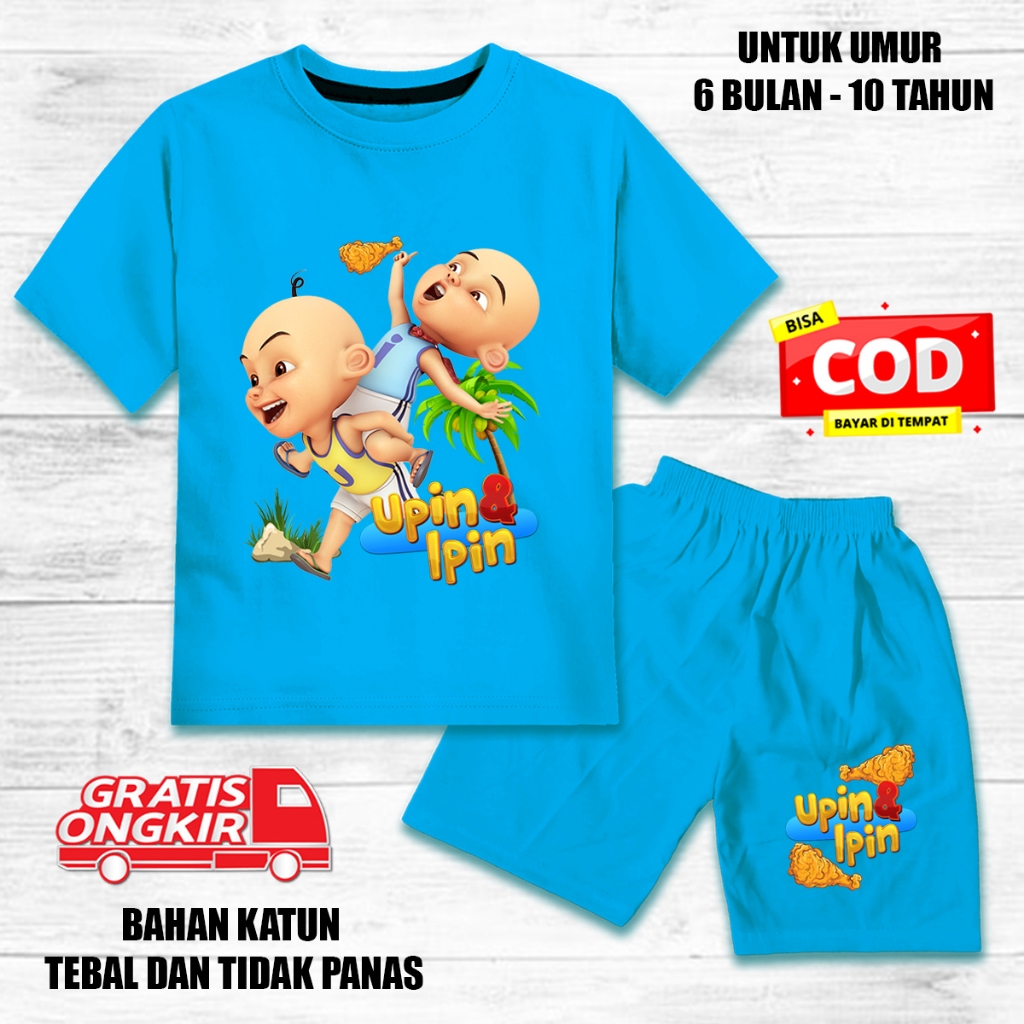 Setelan anak laki laki perempuan lengan pendek set baju kaos pendek anak katun upin ipin ayam goreng