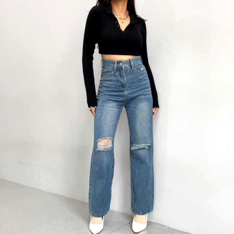 Highwaist Loose Jeans Wanita - Celana Jeans Wanita Sobek - Baggy Jeans Hangover
