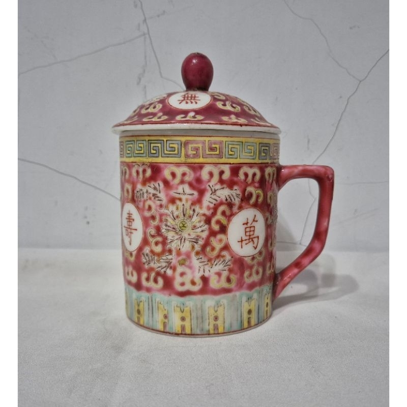 gelas mug keramik family rose cina merah antik