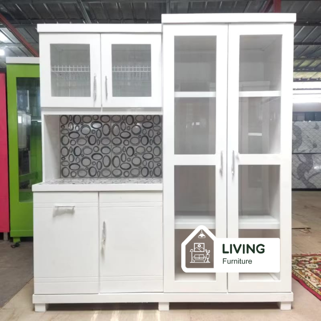Lemari sayur / rak piring kayu / rak dapur / kitchen cabinet/ rak piring minimalis 4 pintu full kaca