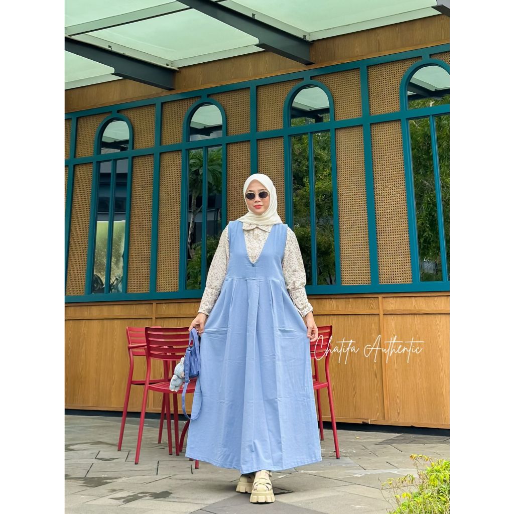 Chatifa Authentic | Gamis 2in1 katun linen rami premium mix katun motif premium | Gamis rompi katun 