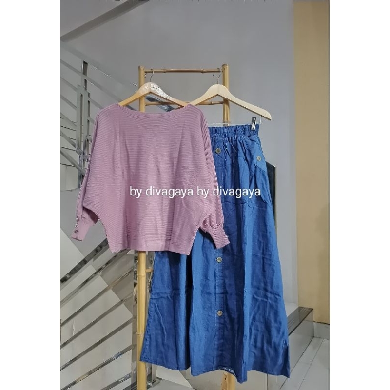 Setelan Wanita Jumbo Jelita Atasan Rajut Batwing Rok Jeans Mayung Kancing Kekinian