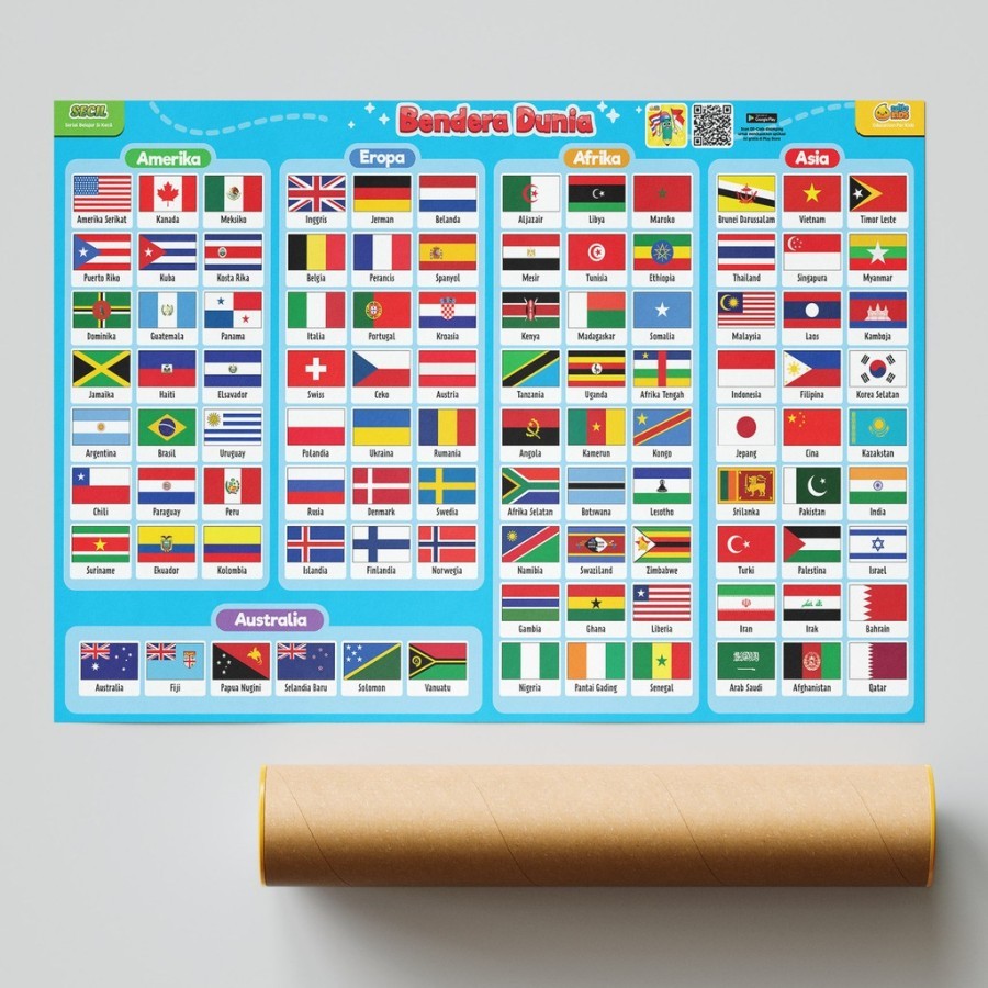 R&M Toys Poster Edukasi anak SD wipe and clean Bendera Negara Dunia premium