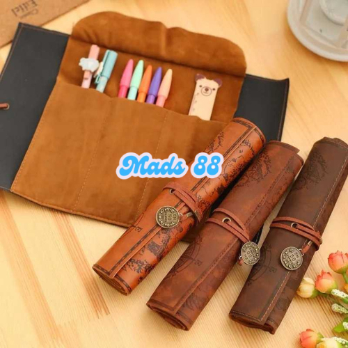 

Rol Roller Gulung Tempat Wadah Pensil Pulpen Alat Tulis Sekolah Canvas PU Leather Retro Portabel