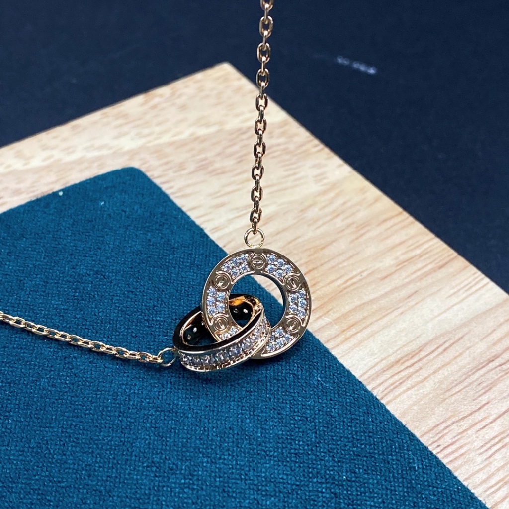 17K EMAS ASLI /COD ❤️Cartier Love Double Ring Full Diamond Necklace for Couples