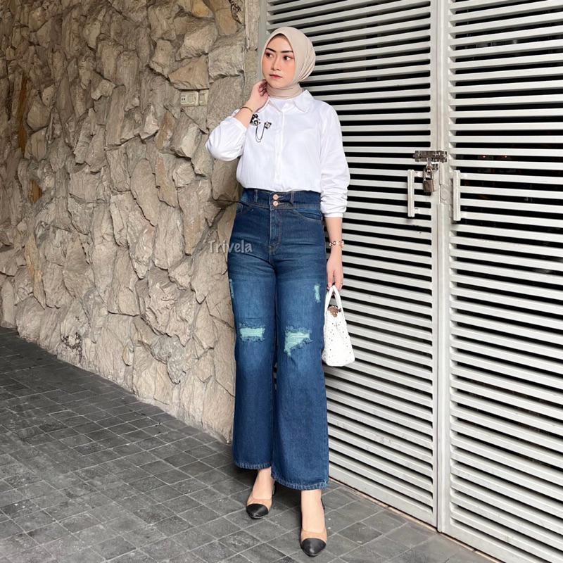 Trivela - Erica Cullotes Sobek Lapis Kulot Jeans Ripped Hijab Friendly 27-42 Jeans Wisker Wanita