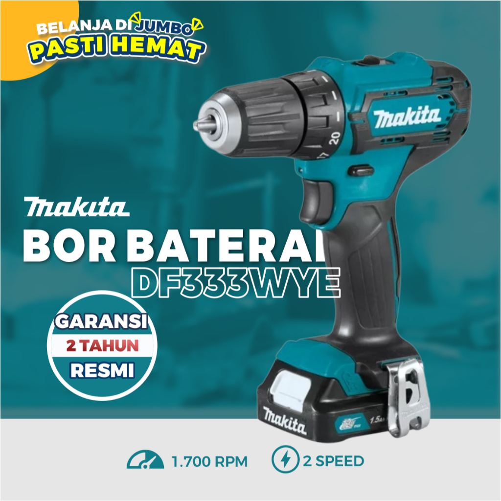 MAKITA Mesin Bor 2 Baterai DF333WYE Untuk Besi Beton Kayu Baja RIngan - Cordless drill 10mm12V Recha