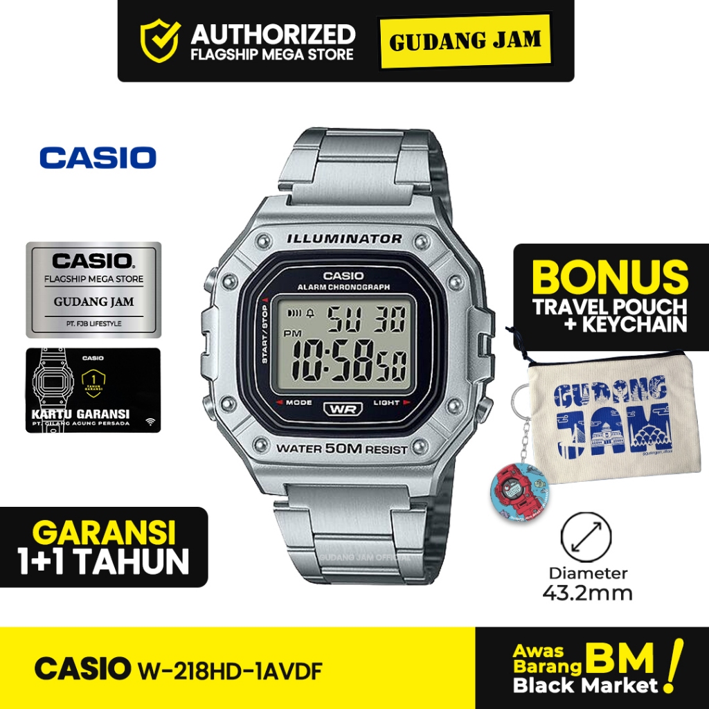 Jam Cowok Casio W-218HD-1AVDF Digital Stainless Rantai Silver