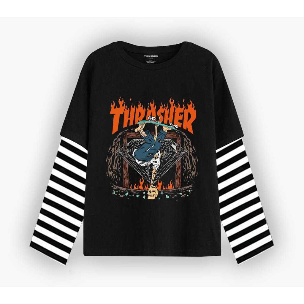 T-shirt THRASHER Kaos Double Layer Long Sleeve lengan panjang Salur Kaos musik Unisex pria wanita Ba