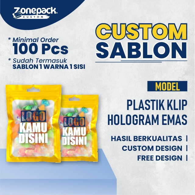 Sablon Plastik Klip Hologram Flat Warna Emas | Custom / Free Desain Ziplock Hologram Foil | Plastik 
